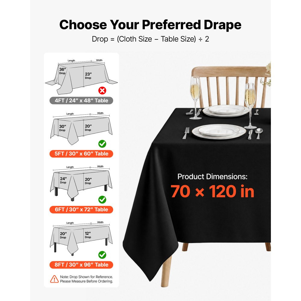 VEVOR Rectangular Tablecloths, 70 x 120 in 6 Pack, Black Polyester Covers, for Party Wedding Banquet Festival, Washable, Reusable Table Cloth with Brushed Fabric, Neat Hems, Smooth Drape