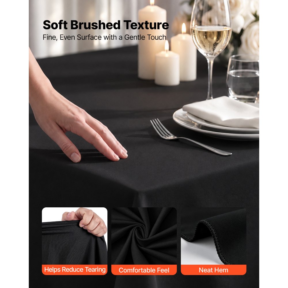 VEVOR Rectangular Tablecloths, 70 x 120 in 6 Pack, Black Polyester Covers, for Party Wedding Banquet Festival, Washable, Reusable Table Cloth with Brushed Fabric, Neat Hems, Smooth Drape