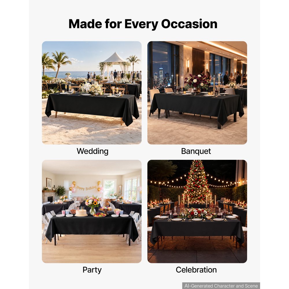 VEVOR Rectangular Tablecloths, 70 x 120 in 6 Pack, Black Polyester Covers, for Party Wedding Banquet Festival, Washable, Reusable Table Cloth with Brushed Fabric, Neat Hems, Smooth Drape