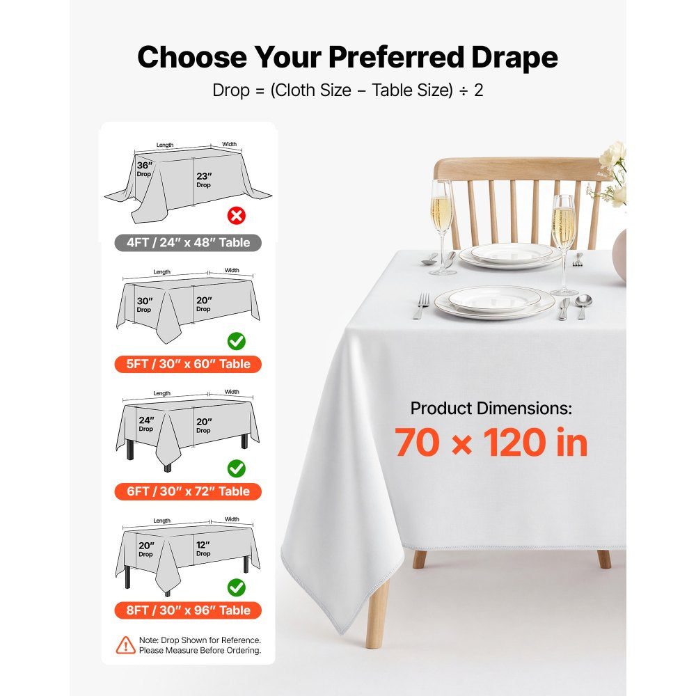 VEVOR Rectangular Tablecloths, 70 x 120 in 10 Pack, White Polyester Covers, for Party Wedding Banquet Festival, Washable, Reusable Table Cloth with Brushed Fabric, Neat Hems, Smooth Drape