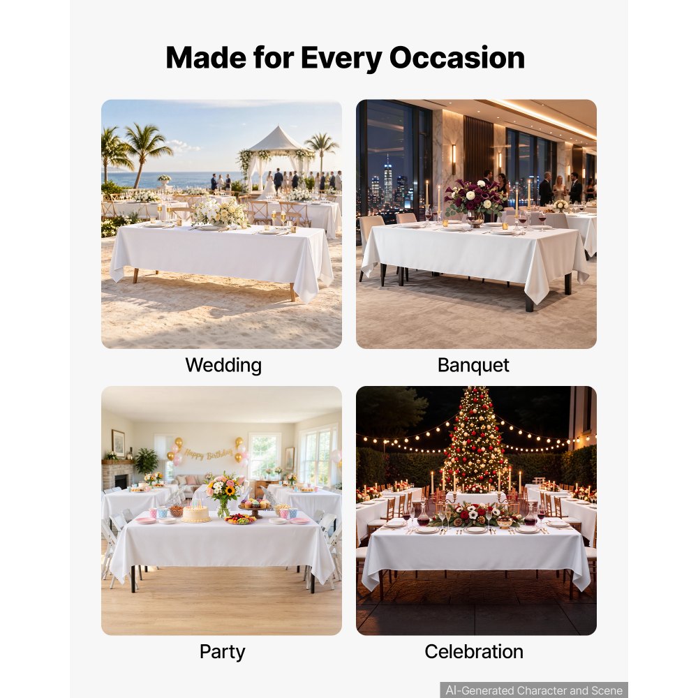 VEVOR Rectangular Tablecloths, 70 x 120 in 10 Pack, White Polyester Covers, for Party Wedding Banquet Festival, Washable, Reusable Table Cloth with Brushed Fabric, Neat Hems, Smooth Drape