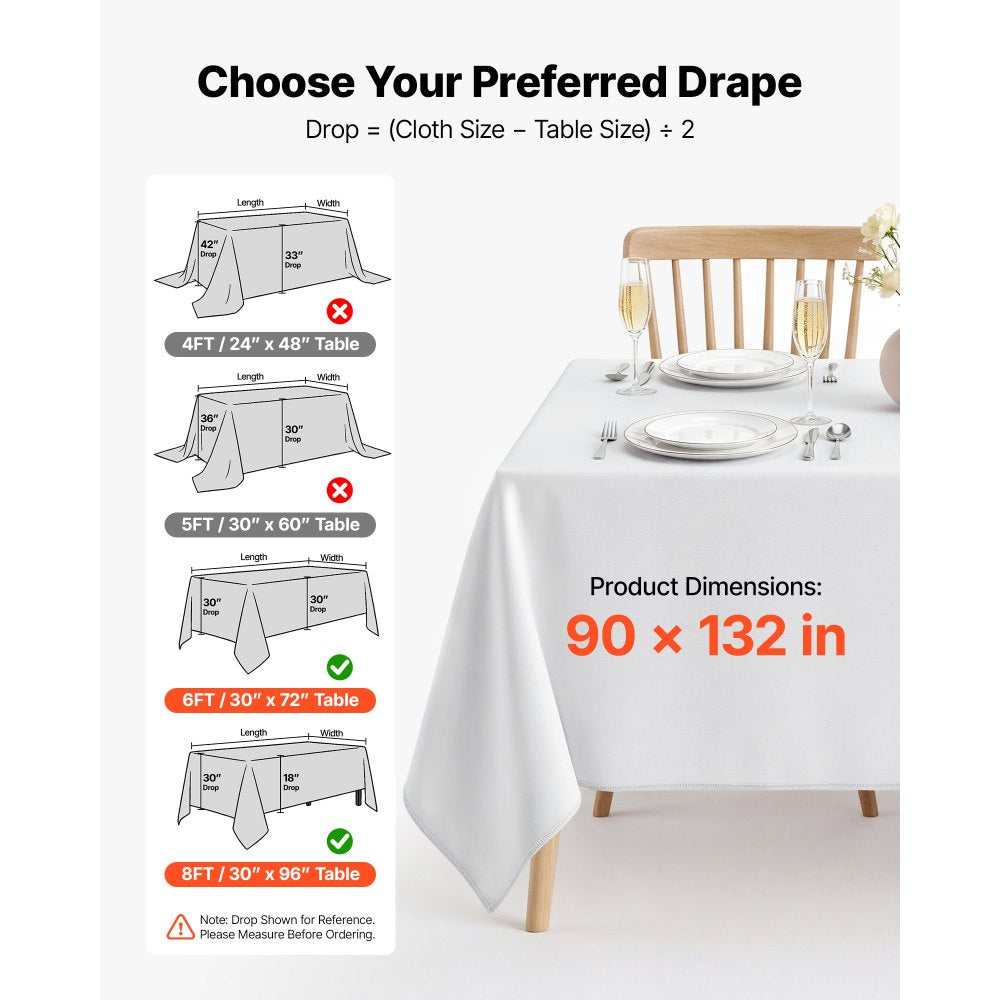 VEVOR Rectangular Tablecloths, 90 x 132 in 6 Pack, White Polyester Covers, for Party Wedding Banquet Festival, Washable, Reusable Table Cloth with Brushed Fabric, Neat Hems, Smooth Drape