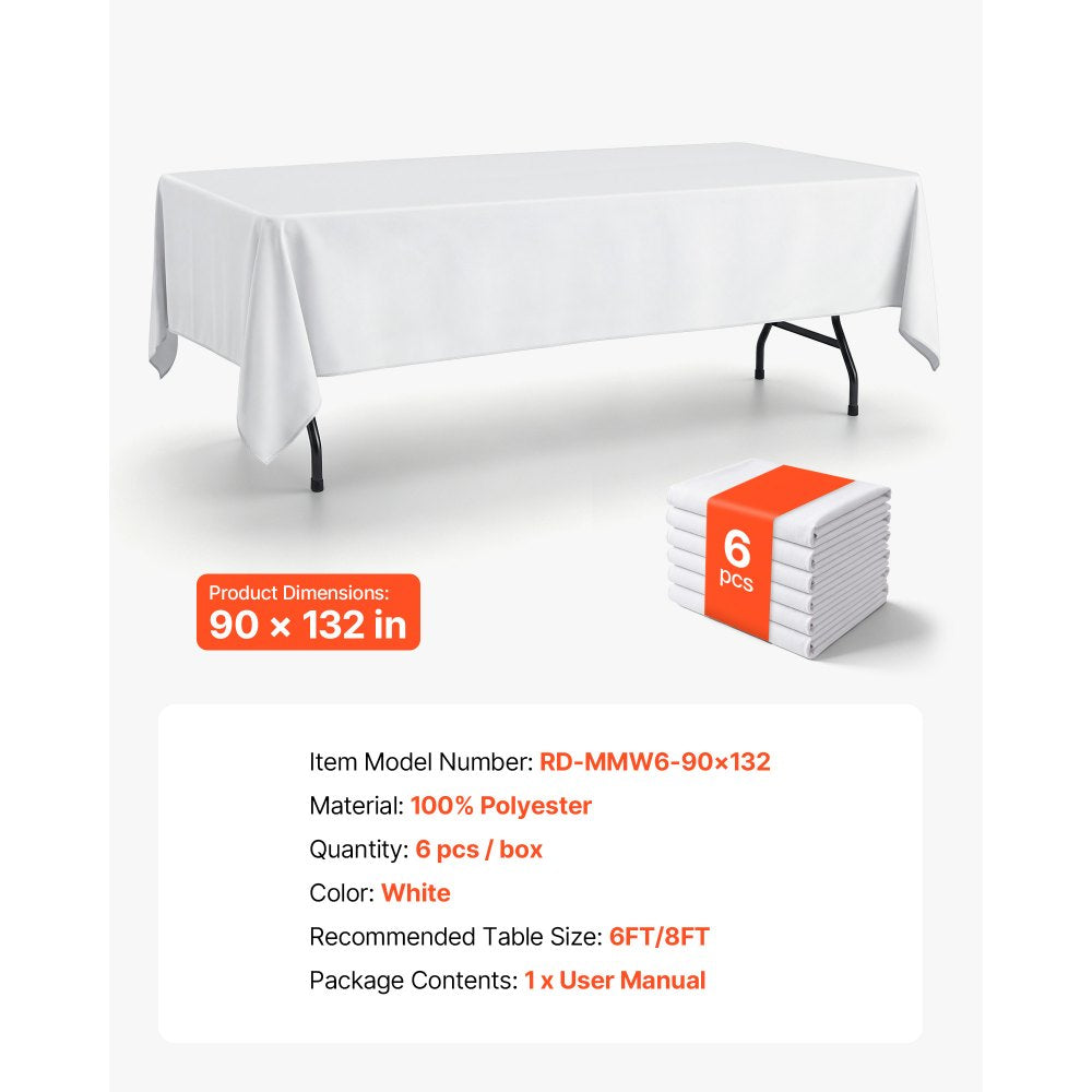 VEVOR Rectangular Tablecloths, 90 x 132 in 6 Pack, White Polyester Covers, for Party Wedding Banquet Festival, Washable, Reusable Table Cloth with Brushed Fabric, Neat Hems, Smooth Drape