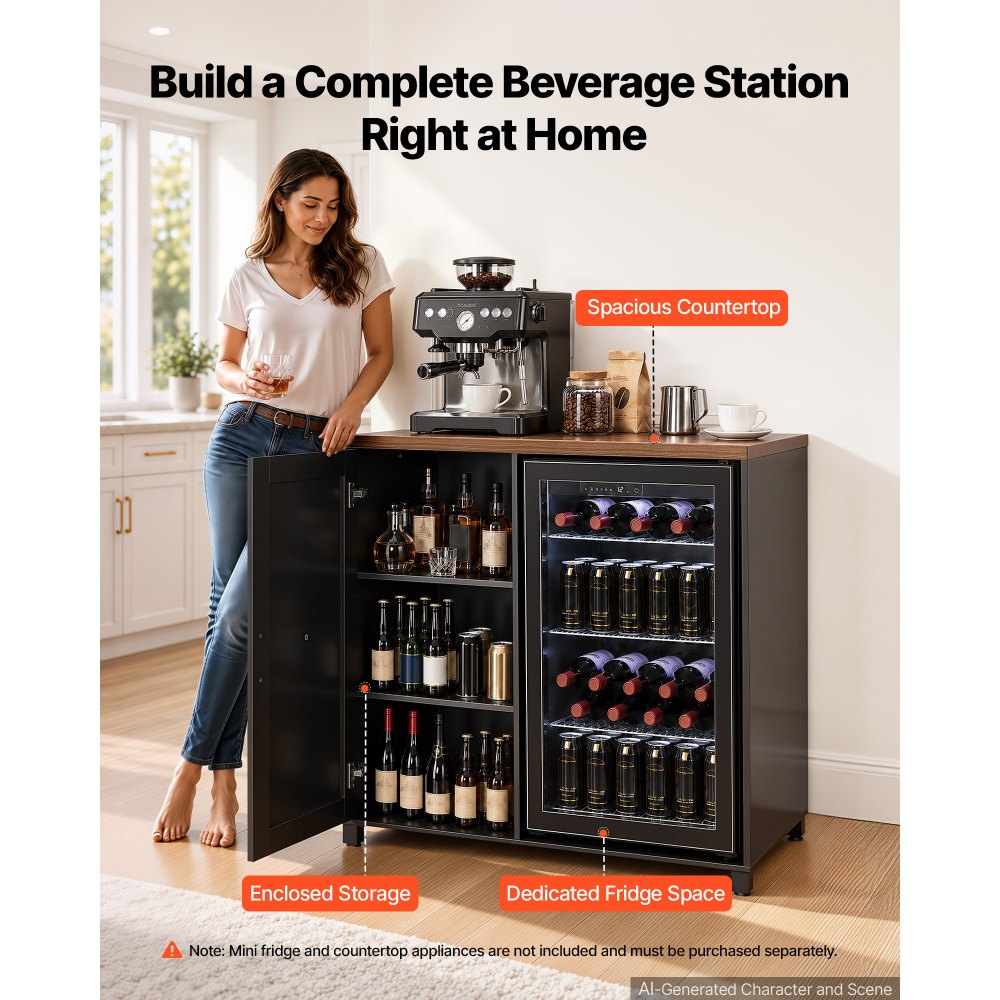VEVOR Coffee Bar Cabinet with Mini Fridge Space, 39"W, Adjustable Shelves, for Home, Kitchen, Living Room, Liquor Wine Cabinets, Beverage Station with Door and Storage, Easy Assembly Fridge Stand