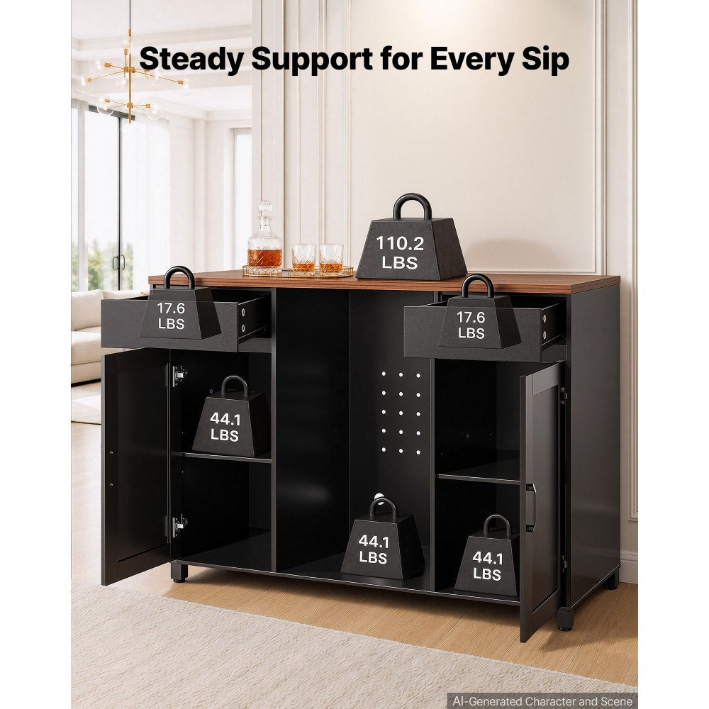 VEVOR Coffee Bar Cabinet with Mini Fridge Space, 53"W, Storage & Outlet, for Home, Kitchen, Living Room, Liquor Wine Beverage Station with 2 Drawers, 2 Doors, Adjustable Shelves, Countertop Storage