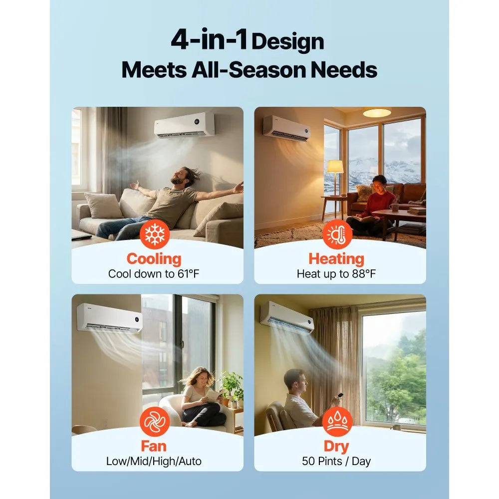 VEVOR Mini Split Air Conditioner, 18,000 BTU AC / 18,400 BTU Heat, 230V 19 SEER2 High Efficiency Energy Saving, Quiet Inverter System for 1250 Sq.Ft Coverage Area, Easy to Maintain, for Home, Office