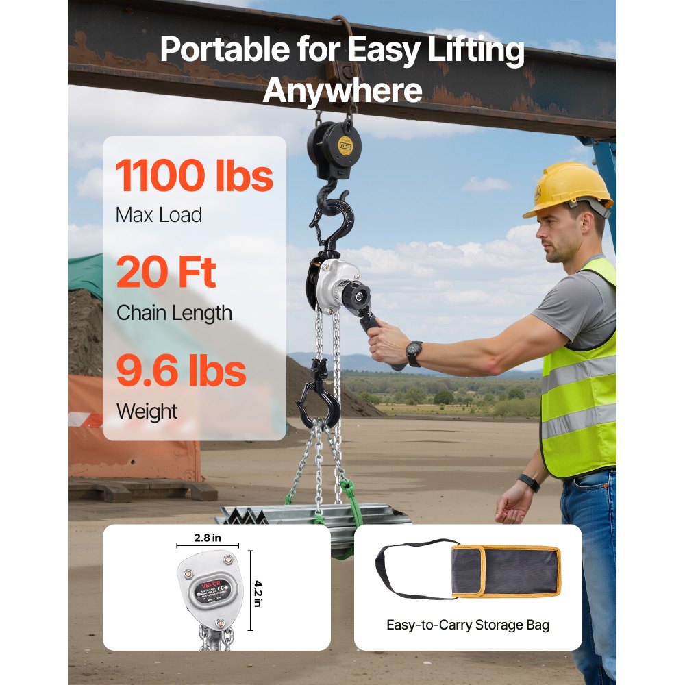 VEVOR Manual Lever Chain Hoist, 1/2T 1100LBS Capacity Heavy Duty Come Along, 20FT Lift G80 Alloy Steel Chain With Dual Pawl Mechanical Brake,360°Rotating Hooks, for Warehouse Construction Garage