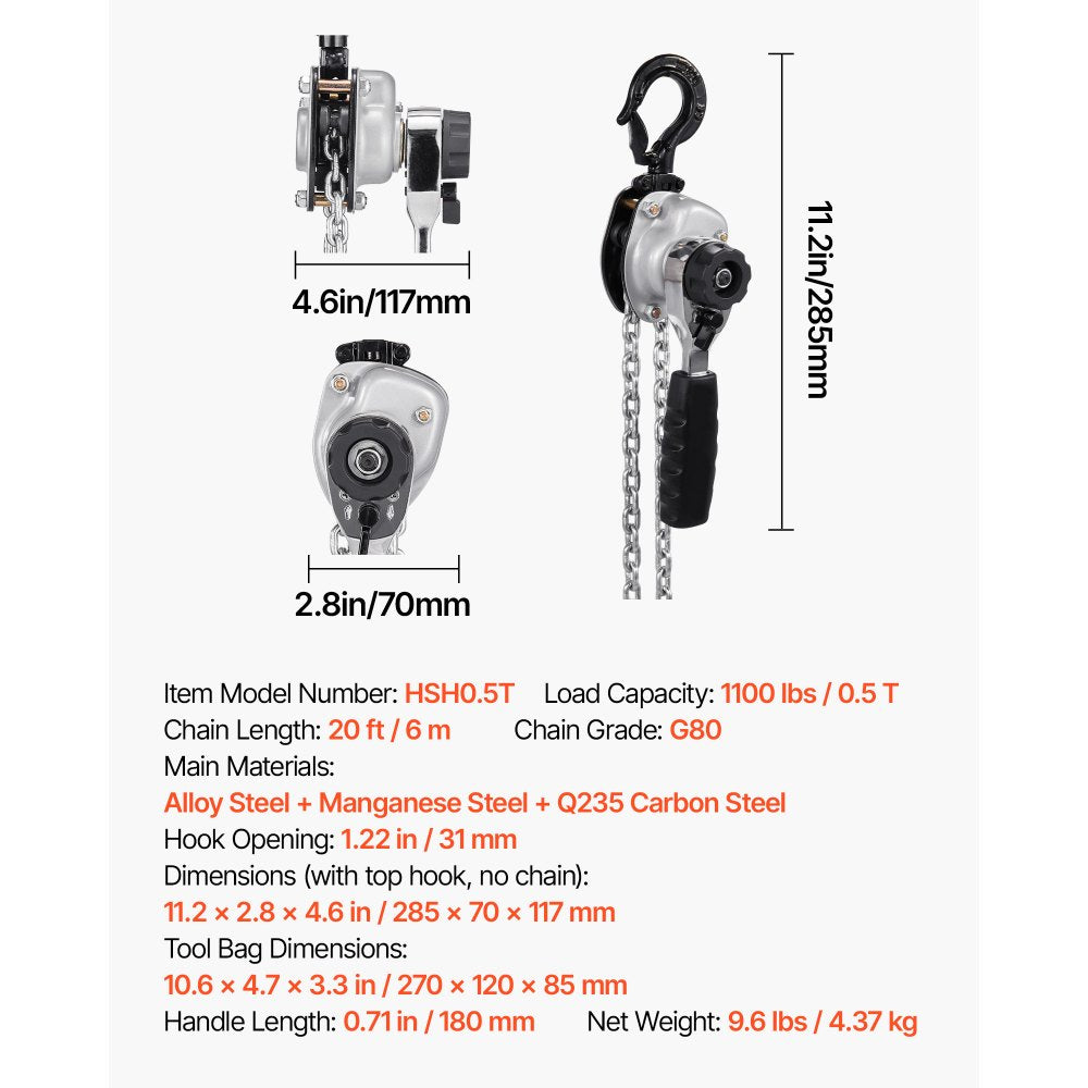 VEVOR Manual Lever Chain Hoist, 1/2T 1100LBS Capacity Heavy Duty Come Along, 20FT Lift G80 Alloy Steel Chain With Dual Pawl Mechanical Brake,360°Rotating Hooks, for Warehouse Construction Garage