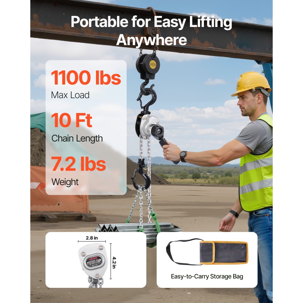 VEVOR Manual Lever Chain Hoist, 1/2T 1100LBS Capacity Heavy Duty Come Along, 10FT Lift G80 Alloy Steel Chain With Dual Pawl Mechanical Brake,360°Rotating Hooks, for Warehouse Construction Garage