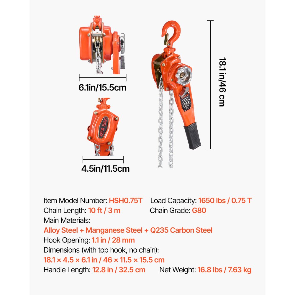 VEVOR Manual Lever Chain Hoist, 3/4T 1650LBS Capacity Heavy Duty Come Along, 10FT Lift G80 Alloy Steel Chain With Dual Pawl Mechanical Brake,360°Rotating Hooks, for Warehouse Construction Garage