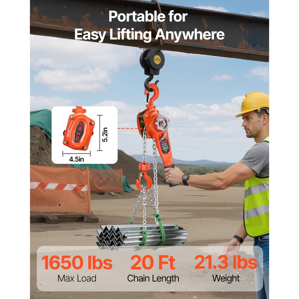 VEVOR Manual Lever Chain Hoist, 3/4T 1650LBS Capacity Heavy Duty Come Along, 20FT Lift G80 Alloy Steel Chain With Dual Pawl Mechanical Brake,360°Rotating Hooks, for Warehouse Construction Garage