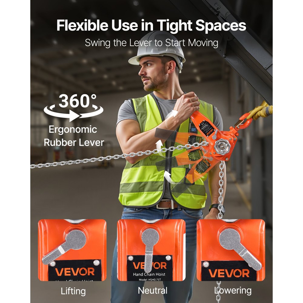 VEVOR Manual Lever Chain Hoist, 3/4T 1650LBS Capacity Heavy Duty Come Along, 20FT Lift G80 Alloy Steel Chain With Dual Pawl Mechanical Brake,360°Rotating Hooks, for Warehouse Construction Garage