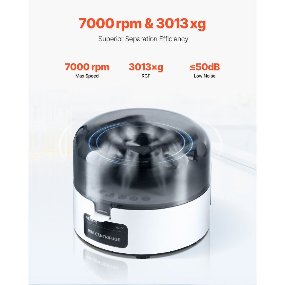 VEVOR Mini Centrifuge Machine, 3013xg RCF Electric Laboratory Centrifuge Machine with 2-in-1 Rotor for 0.2/1.5/2ml Tube Capacity, Fixed Speed 7000r/min, Low Noise, Widely Used in Various Experiments