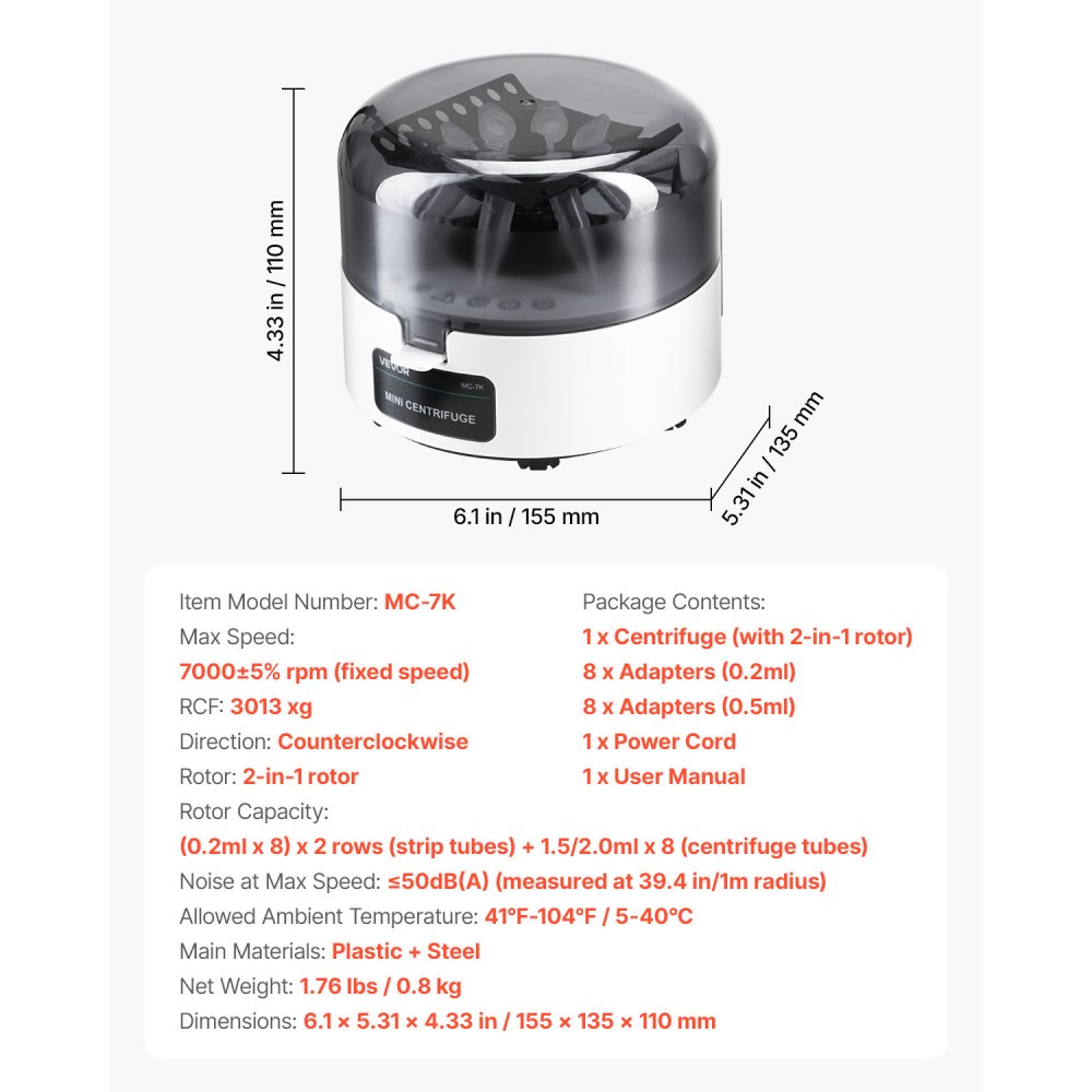 VEVOR Mini Centrifuge Machine, 3013xg RCF Electric Laboratory Centrifuge Machine with 2-in-1 Rotor for 0.2/1.5/2ml Tube Capacity, Fixed Speed 7000r/min, Low Noise, Widely Used in Various Experiments