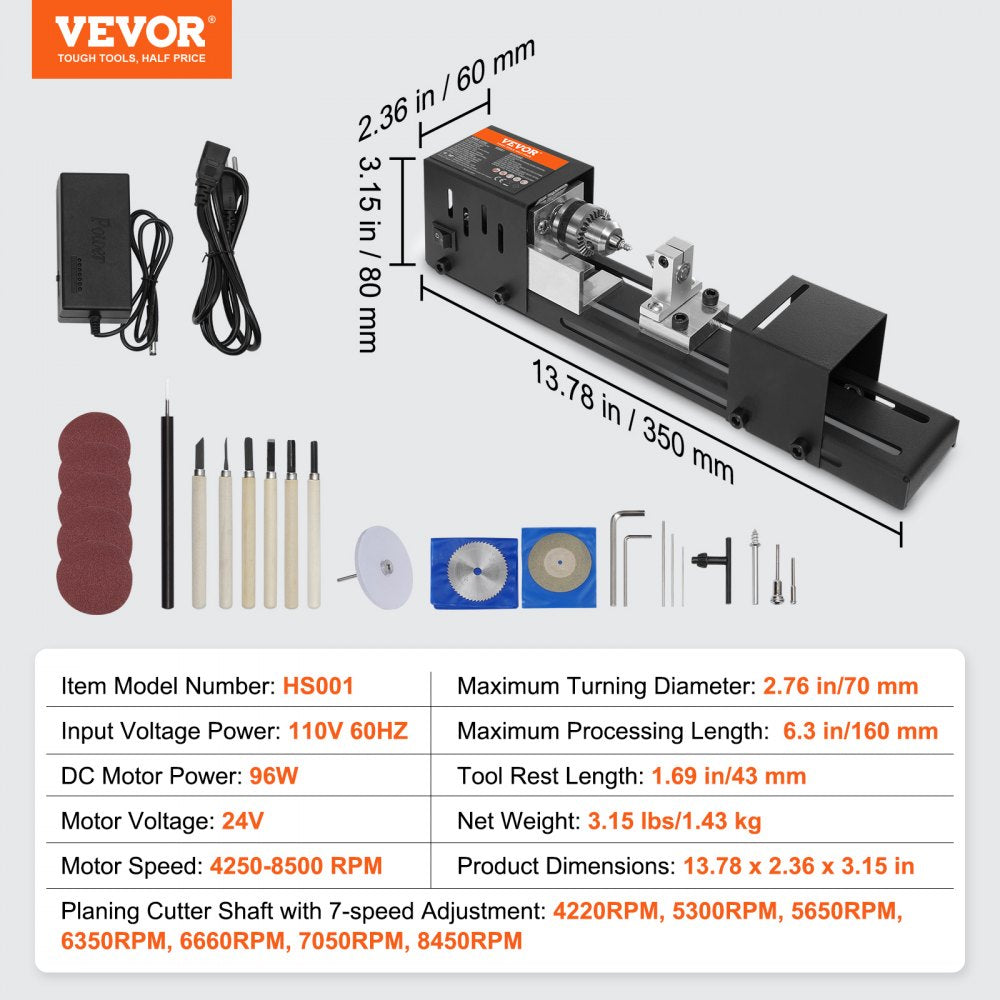 VEVOR Compact Lathe Machine, Dimensions 2.76 x 6.3 inches, 24VDC 96W, Includes Milling Machine Accessories, Features 7 Adjustable Speeds Ranging from 4220 to 8450 RPM, Ideal for DIY Woodworking and