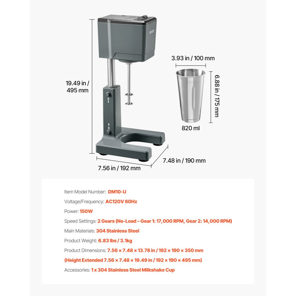 VEVOR Milkshake Maker, 150W Milk Shake Maker Mixer, Single Head Drink Mixer Blender Machine, Dual-Speed Adjustment Milkshake Blender with Stainless Steel Cup, for Home, Kitchen, Bar & Beverage Shop