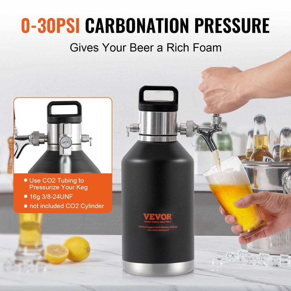 VEVOR Beer Growler Tap System, 128Oz 4L Mini Keg, 304 Stainless Steel Pressurized Beer Growler, Keg Growler with Pressure Display, CO2 Regulator Faucet, Leak-Proof Ring For Draft, Homebrew, Craft Beer