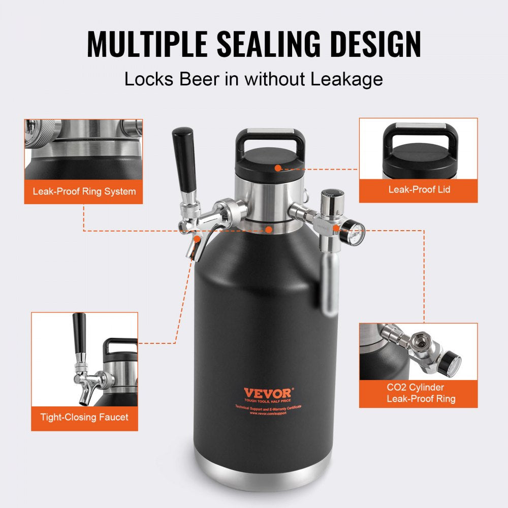 VEVOR Beer Growler Tap System, 128Oz 4L Mini Keg, 304 Stainless Steel Pressurized Beer Growler, Keg Growler with Pressure Display, CO2 Regulator Faucet, Leak-Proof Ring For Draft, Homebrew, Craft Beer