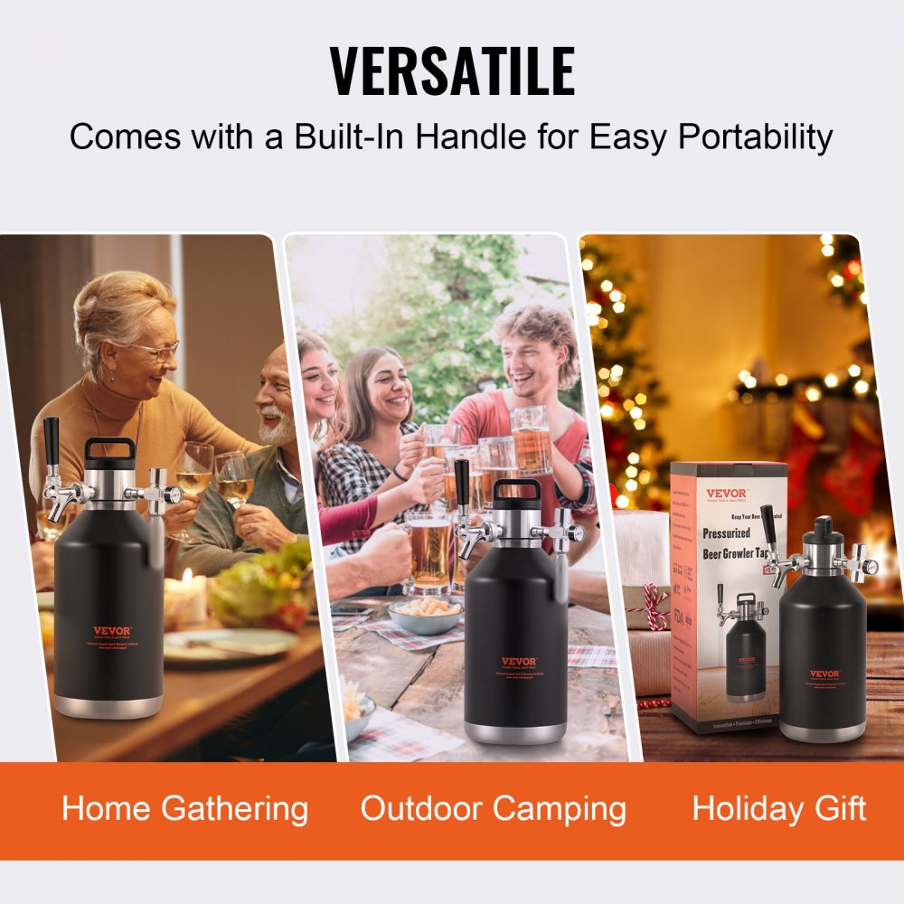 VEVOR Beer Growler Tap System, 128Oz 4L Mini Keg, 304 Stainless Steel Pressurized Beer Growler, Keg Growler with Pressure Display, CO2 Regulator Faucet, Leak-Proof Ring For Draft, Homebrew, Craft Beer