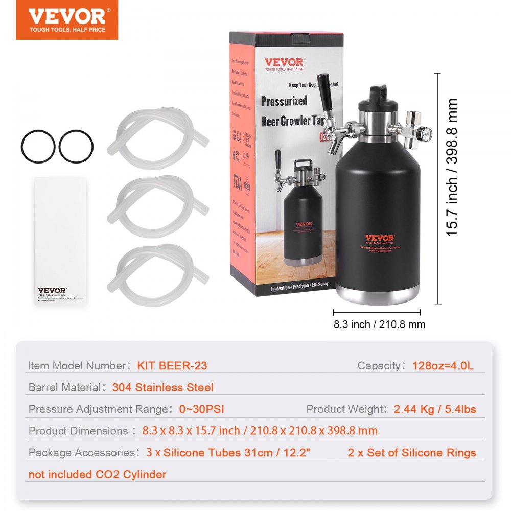 VEVOR Beer Growler Tap System, 128Oz 4L Mini Keg, 304 Stainless Steel Pressurized Beer Growler, Keg Growler with Pressure Display, CO2 Regulator Faucet, Leak-Proof Ring For Draft, Homebrew, Craft Beer
