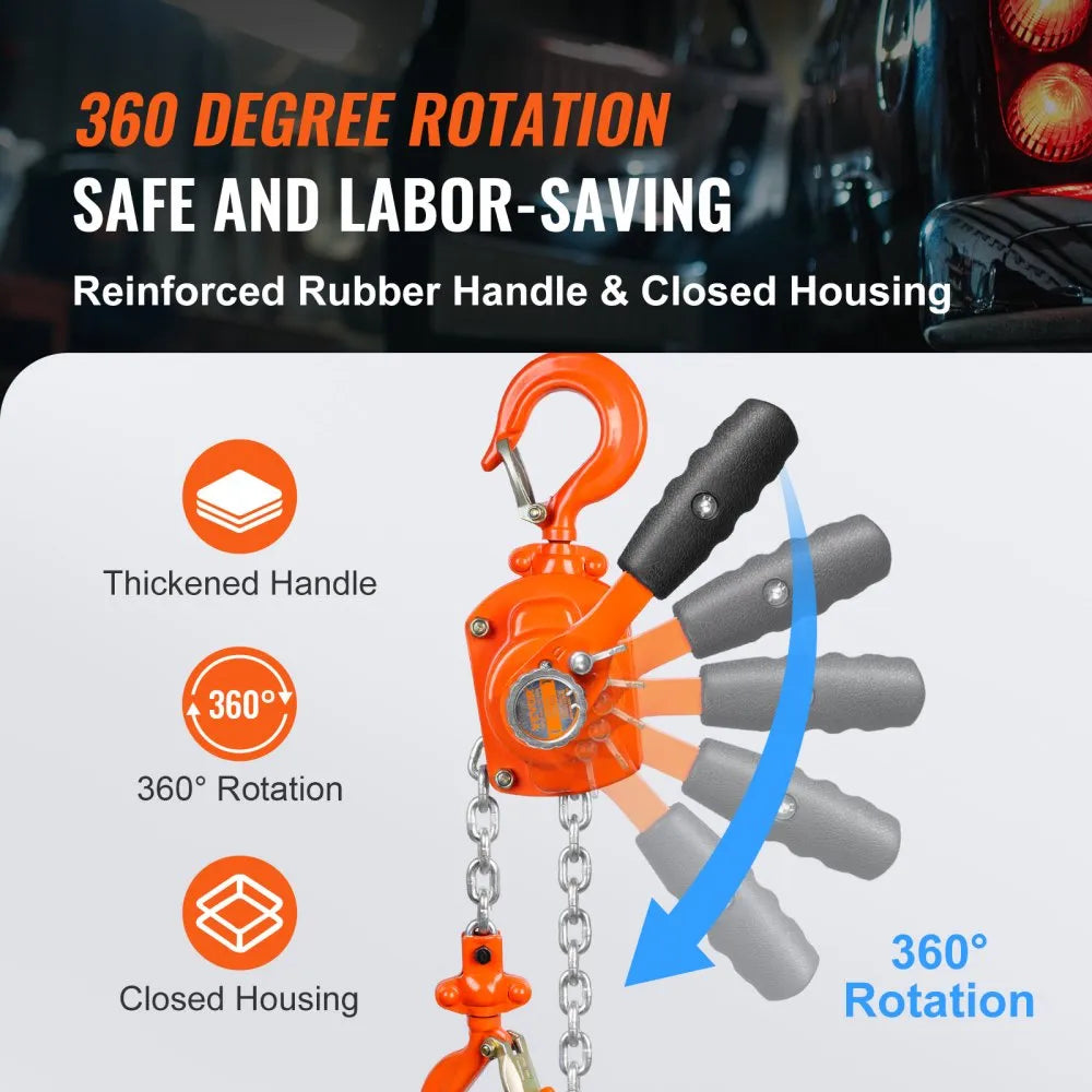 VEVOR Manual Lever Chain Hoist, 1/2 Ton 1100 lbs Capacity 10 FT Come Along, G80 Galvanized Carbon Steel with Weston Double-Pawl Brake, Auto Chain Leading & 360° Rotation Hook, for Garage Factory Dock