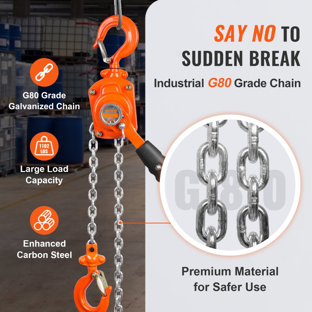 VEVOR Manual Lever Chain Hoist, 1/2 Ton 1100 lbs Capacity 5 FT Come Along, G80 Galvanized Carbon Steel with Weston Double-Pawl Brake, Auto Chain Leading & 360° Rotation Hook, for Garage Factory Dock
