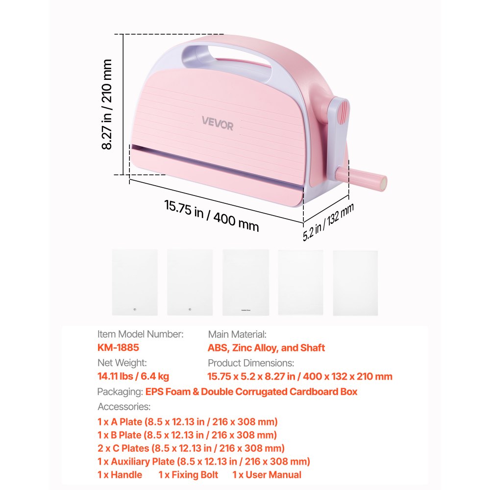 VEVOR Manual Die Cutting and Embossing Machine, 9" Opening, Portable Die Cut Machine with Cutting Plates, Ergonomic Handle, Easy to Store, for Arts and Crafts, Scrapbooking, Card Making, Crafting