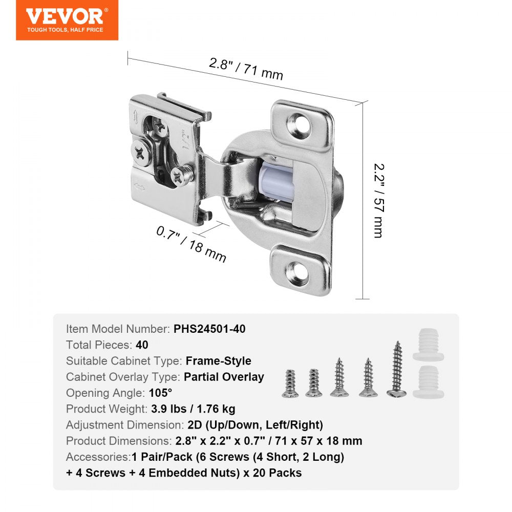 VEVOR Cabinet Hinges, 40 Packs Partial Overlay Kitchen Cabinet Door Hinges, 105 Degree Opening Angel Soft Close Concealed Cupboard Hinges for Framed Cabinet Type, with Mounting Screws