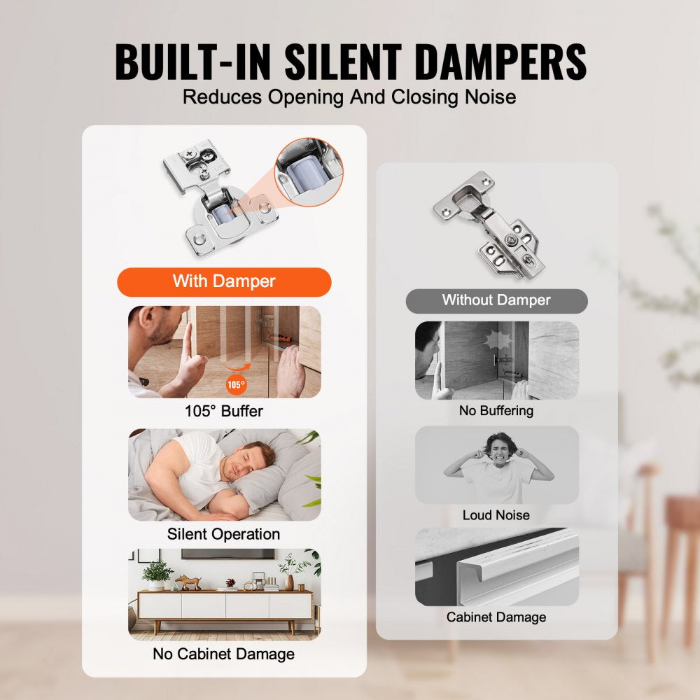 VEVOR Cabinet Hinges, 50 Packs Partial Overlay Kitchen Cabinet Door Hinges, 105 Degree Opening Angel Soft Close Concealed Cupboard Hinges for Framed Cabinet Type, with Mounting Screws