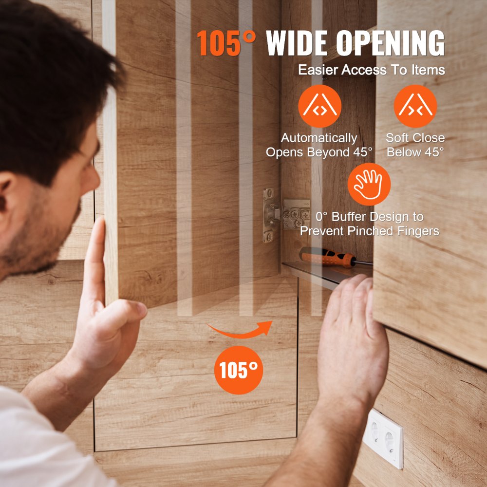 VEVOR Cabinet Hinges, 50 Packs Partial Overlay Kitchen Cabinet Door Hinges, 105 Degree Opening Angel Soft Close Concealed Cupboard Hinges for Framed Cabinet Type, with Mounting Screws