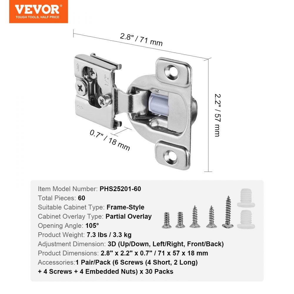 VEVOR Cabinet Hinges, 60 Packs Partial Overlay Kitchen Cabinet Door Hinges, 105 Degree Opening Angel Soft Close Concealed Cupboard Hinges for Framed Cabinet Type, with Mounting Screws