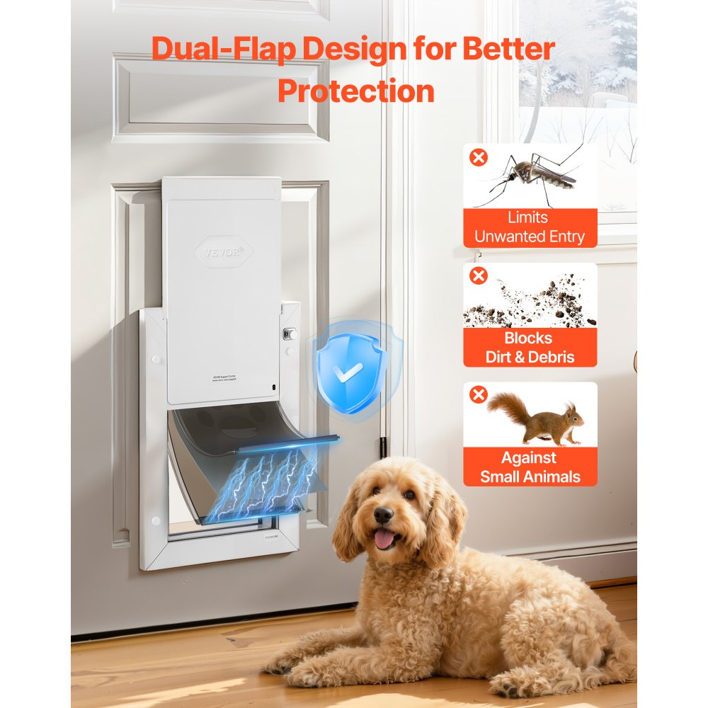 VEVOR Pet Door, Medium, with Three Magnetic Flaps and Metal Frame, Strong and Weatherproof Dog Door for Interior and Exterior Doors, Easy to Install, Easy In-and-Out Access for Doggies, White