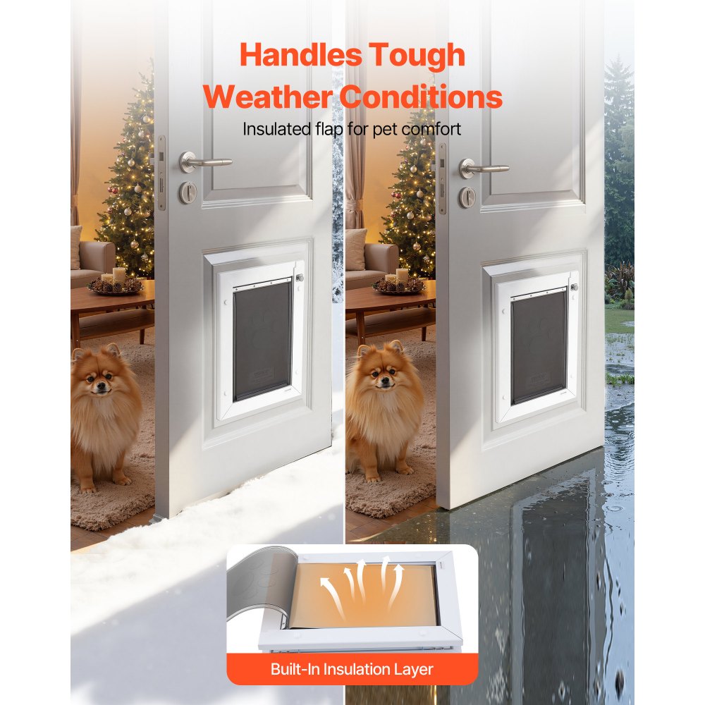 VEVOR Pet Door, Medium, with Three Magnetic Flaps and Metal Frame, Strong and Weatherproof Dog Door for Interior and Exterior Doors, Easy to Install, Easy In-and-Out Access for Doggies, White