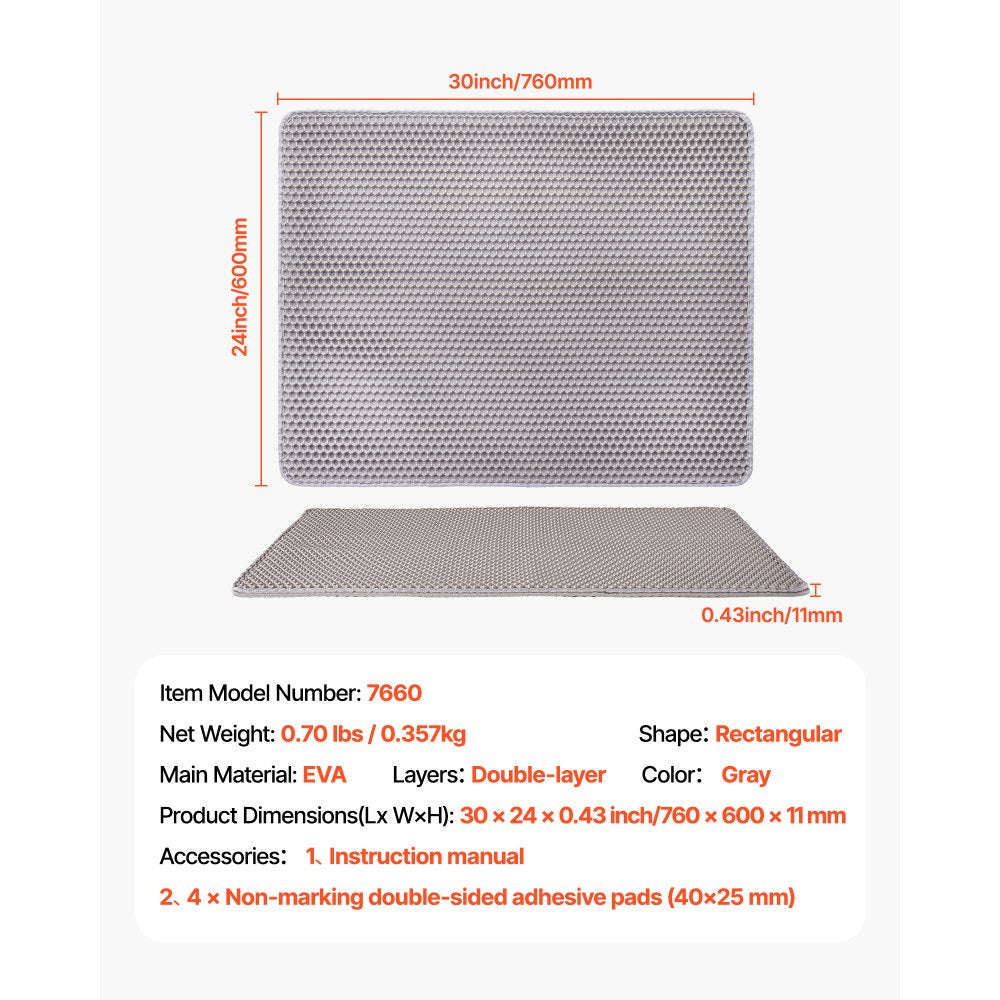 VEVOR Cat Litter Mat, 30 x 24 in, Double-Layer Litter Box Mat, Non-Slip & Urine-Proof Litter-Trapping Mats for Indoor Cats, Honeycomb Design, Soft on Paws, Washable Large Kitty Mats for Floor