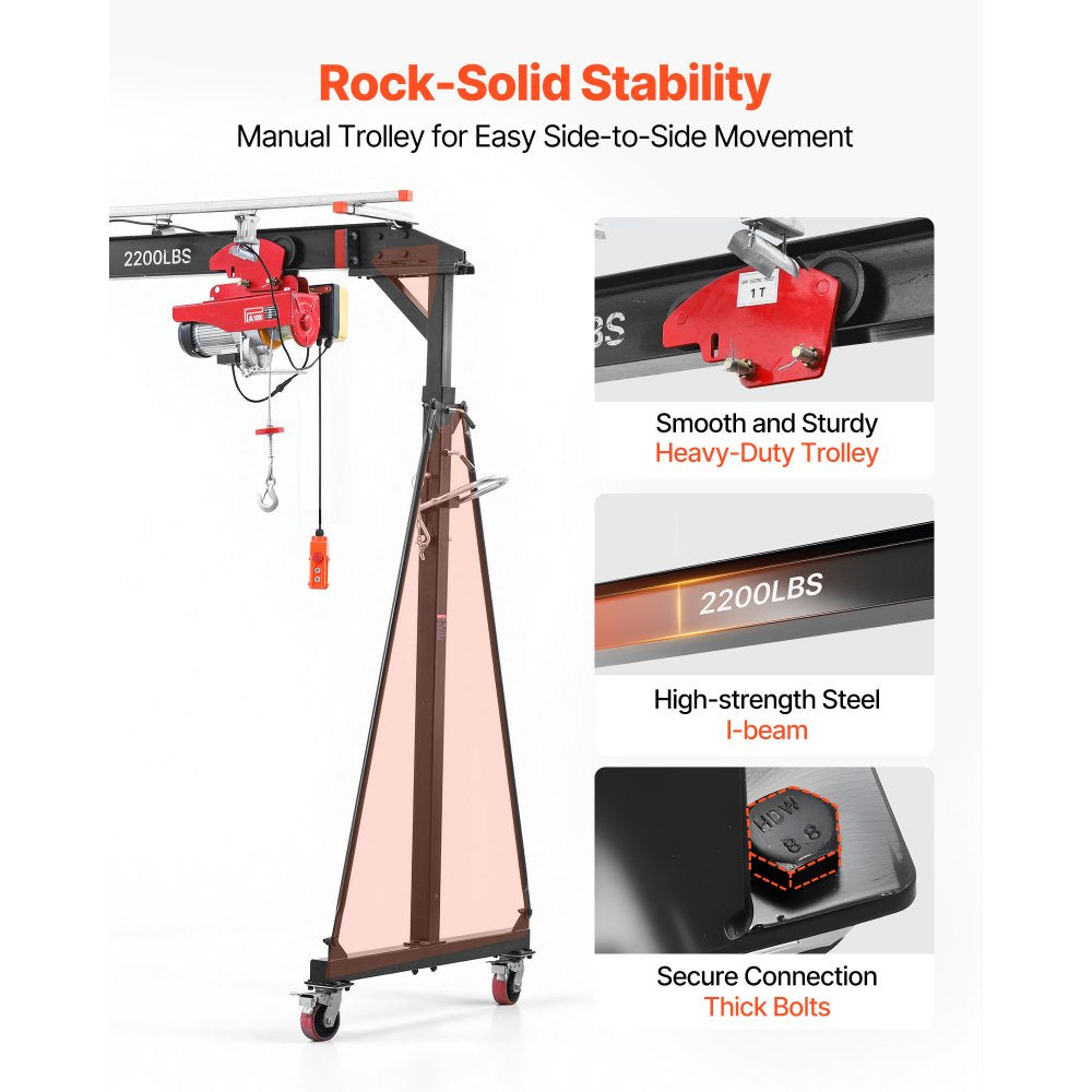 VEVOR Adjustable Gantry Crane, 2200 lbs Capacity, Portable Shop Lift Hoist with 95.7-142.9 in Height Adjustable, Manual Trolley, Electrical Hoist, Sling, Shackles, for Factory Warehouse Auto Repair