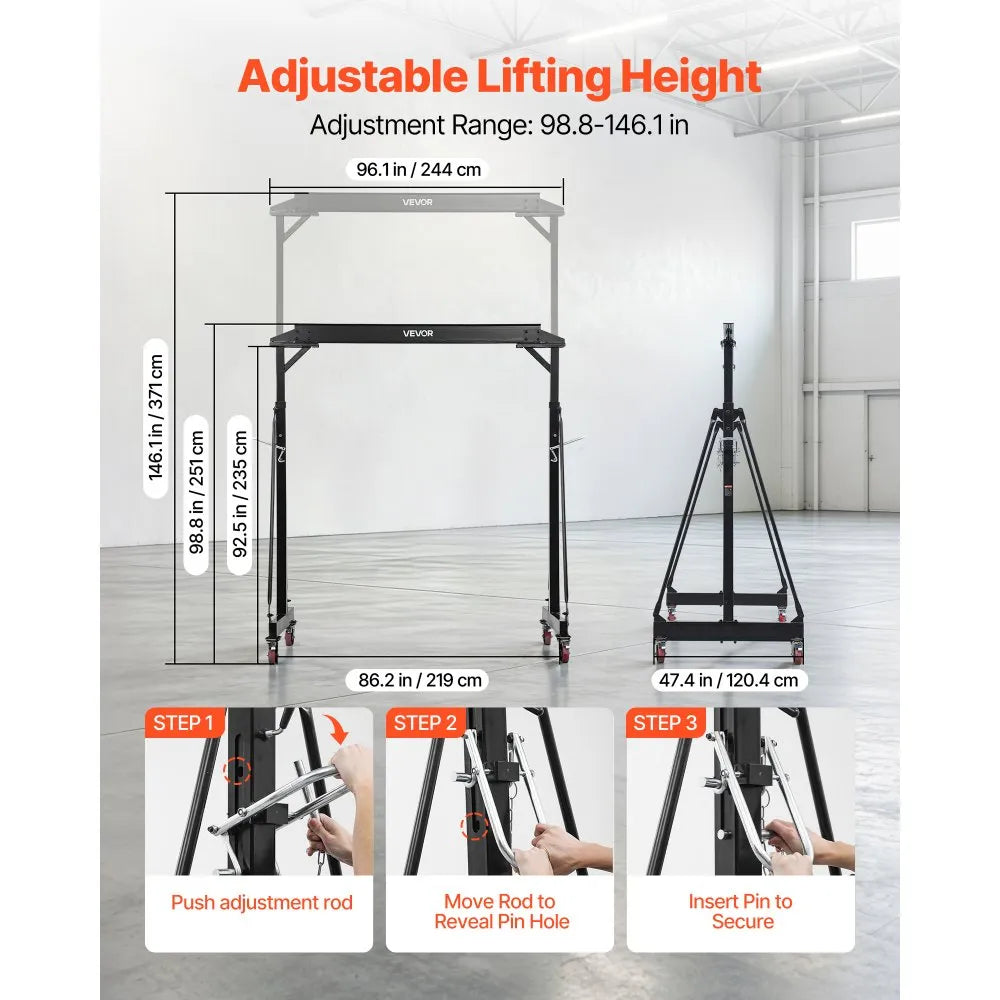 VEVOR Adjustable Gantry Crane, 4400 lbs Capacity, Portable Shop Lift Hoist with 98.8" to 146.1" Height Adjustable, Locking Wheels, Steel Construction, for Factory, Warehouse, Auto Repair, Frame Only