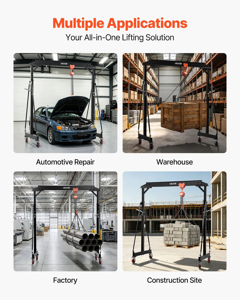 VEVOR Adjustable Gantry Crane, 4400 lbs Capacity, Portable Shop Lift Hoist with 98.8" to 146.1" Height Adjustable, Locking Wheels, Steel Construction, for Factory, Warehouse, Auto Repair, Frame Only