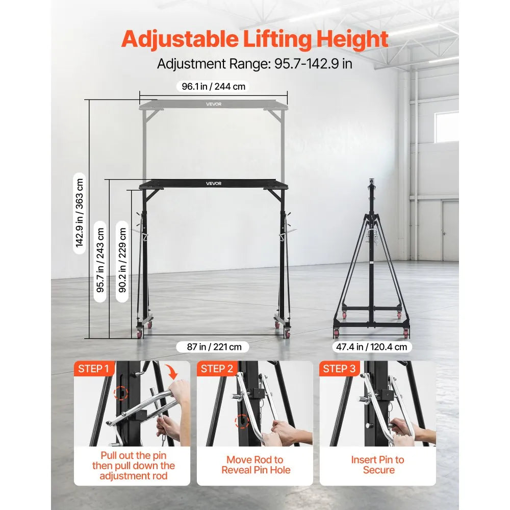 VEVOR Adjustable Gantry Crane, 2200 lbs Capacity, Portable Shop Lift Hoist with 95.7" to 142.9" Height Adjustable, Locking Wheels, Steel Construction, for Factory, Warehouse, Auto Repair, Frame Only