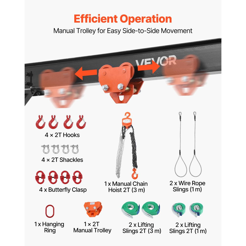 VEVOR Adjustable Gantry Crane, 4400 lbs Capacity, Portable Shop Lift Hoist with 99.6-146.9 in Height Adjustable, Manual Trolley, Hoist, Sling, Shackles, Hooks, for Garage Factory Warehouse Auto Repair