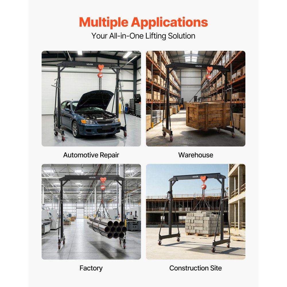 VEVOR Adjustable Gantry Crane, 4400 lbs Capacity, Portable Shop Lift Hoist with 99.6-146.9 in Height Adjustable, Manual Trolley, Hoist, Sling, Shackles, Hooks, for Garage Factory Warehouse Auto Repair