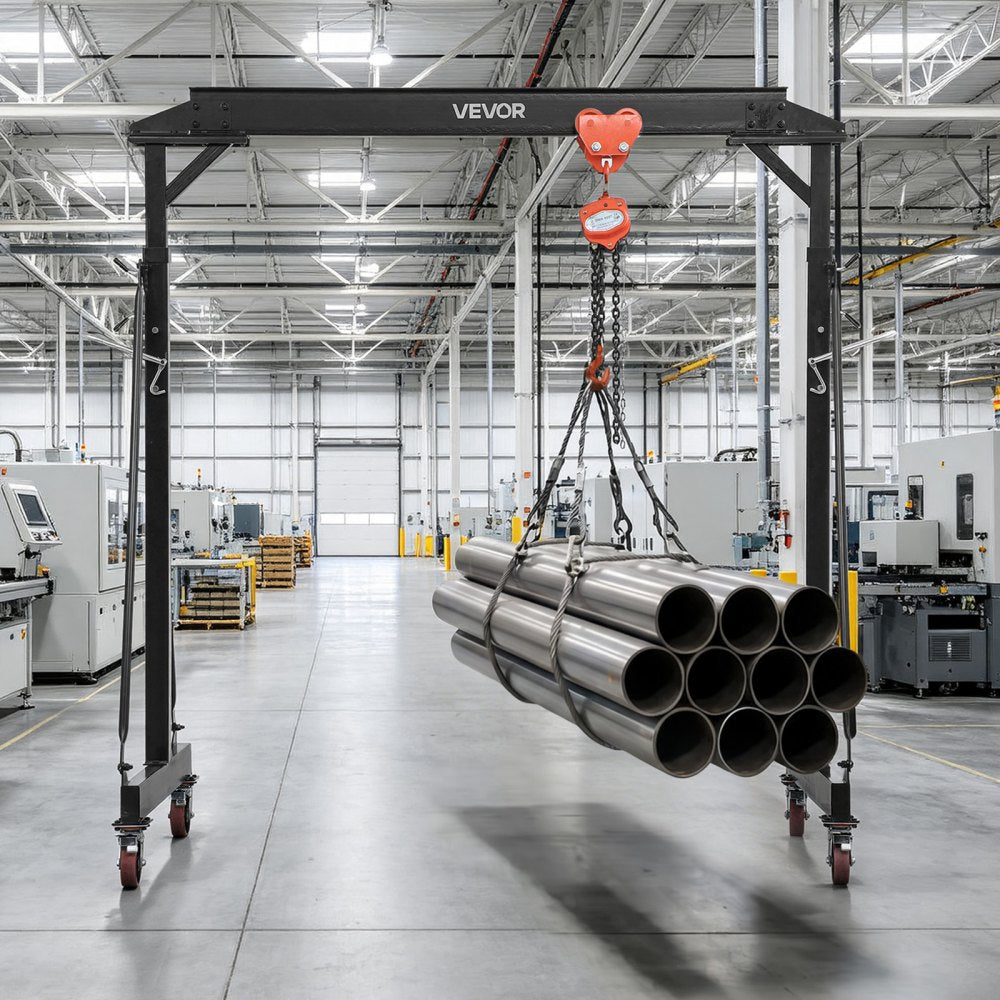 VEVOR Adjustable Gantry Crane, 4400 lbs Capacity, Portable Shop Lift Hoist with 99.6-146.9 in Height Adjustable, Manual Trolley, Hoist, Sling, Shackles, Hooks, for Garage Factory Warehouse Auto Repair