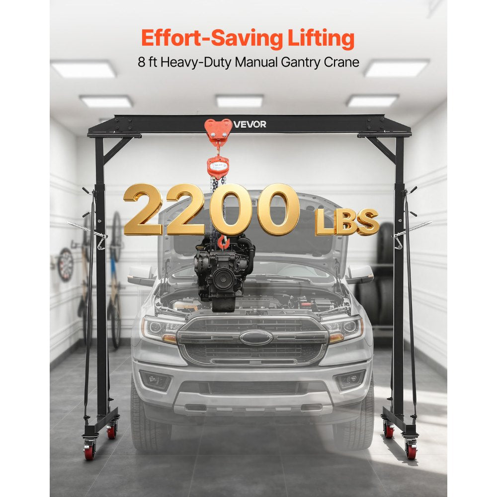 VEVOR Adjustable Gantry Crane, 2200 lbs Capacity, Portable Shop Lift Hoist with 95.7-142.9 in Height Adjustable, Manual Trolley, Hoist, Sling, Shackles, Hooks, for Garage Factory Warehouse Auto Repair
