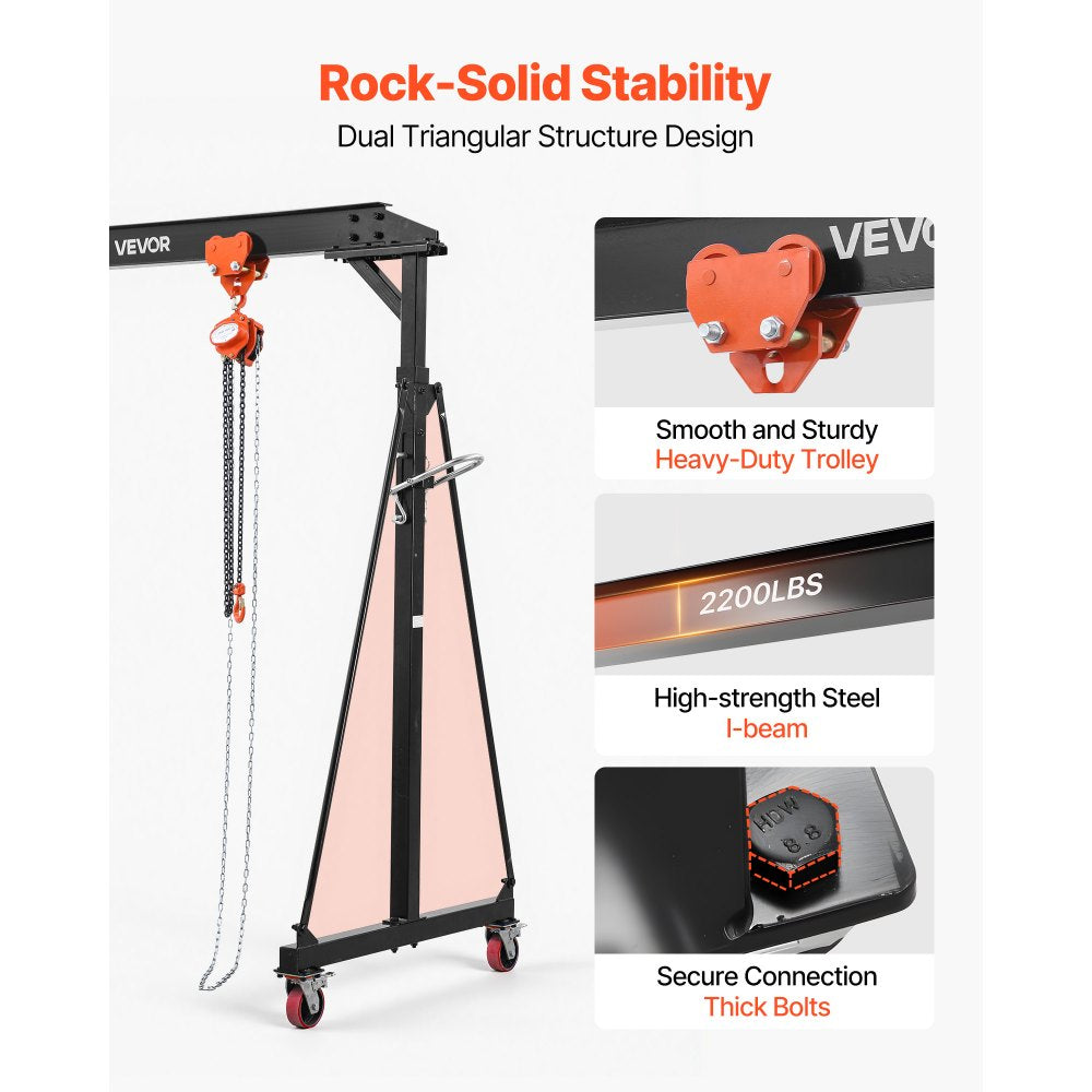 VEVOR Adjustable Gantry Crane, 2200 lbs Capacity, Portable Shop Lift Hoist with 95.7-142.9 in Height Adjustable, Manual Trolley, Hoist, Sling, Shackles, Hooks, for Garage Factory Warehouse Auto Repair