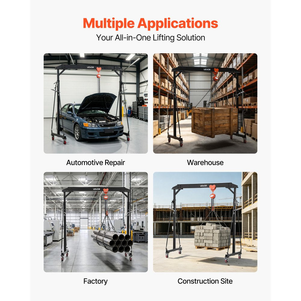 VEVOR Adjustable Gantry Crane, 2200 lbs Capacity, Portable Shop Lift Hoist with 95.7-142.9 in Height Adjustable, Manual Trolley, Hoist, Sling, Shackles, Hooks, for Garage Factory Warehouse Auto Repair