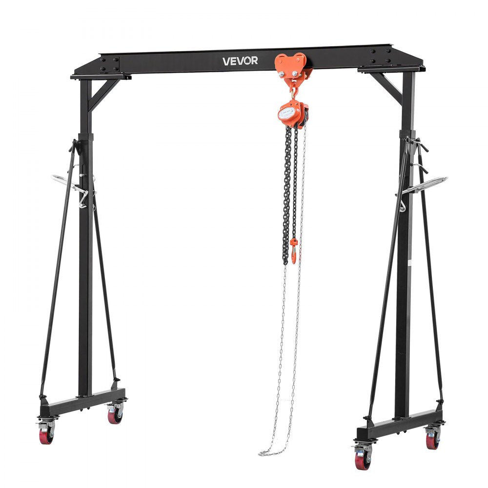 VEVOR Adjustable Gantry Crane, 2200 lbs Capacity, Portable Shop Lift Hoist with 95.7-142.9 in Height Adjustable, Manual Trolley, Hoist, Sling, Shackles, Hooks, for Garage Factory Warehouse Auto Repair