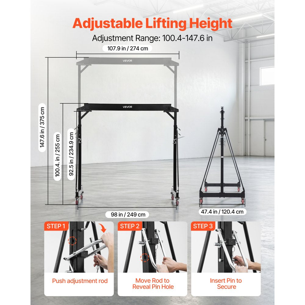 VEVOR Adjustable Gantry Crane, 5000 lbs Capacity, Portable Shop Lift Hoist with 100.4-147.6 in Height Adjustable, Manual Trolley, Locking Wheels, Steel Construction, for Factory Warehouse Auto Repair