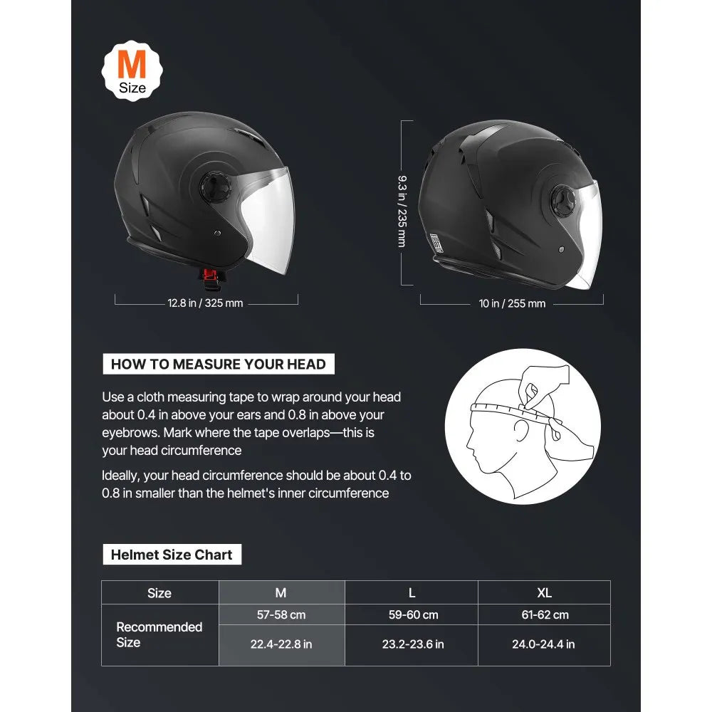 VEVOR Motorcycle Helmet, 3/4 Open Face, Adult Motocross Dirt Bike Helmet with Clear Visor, Comfortable Motorbike Racing Street with Detachable Liner for Men & Women, DOT Approved, (Matte Black, M)