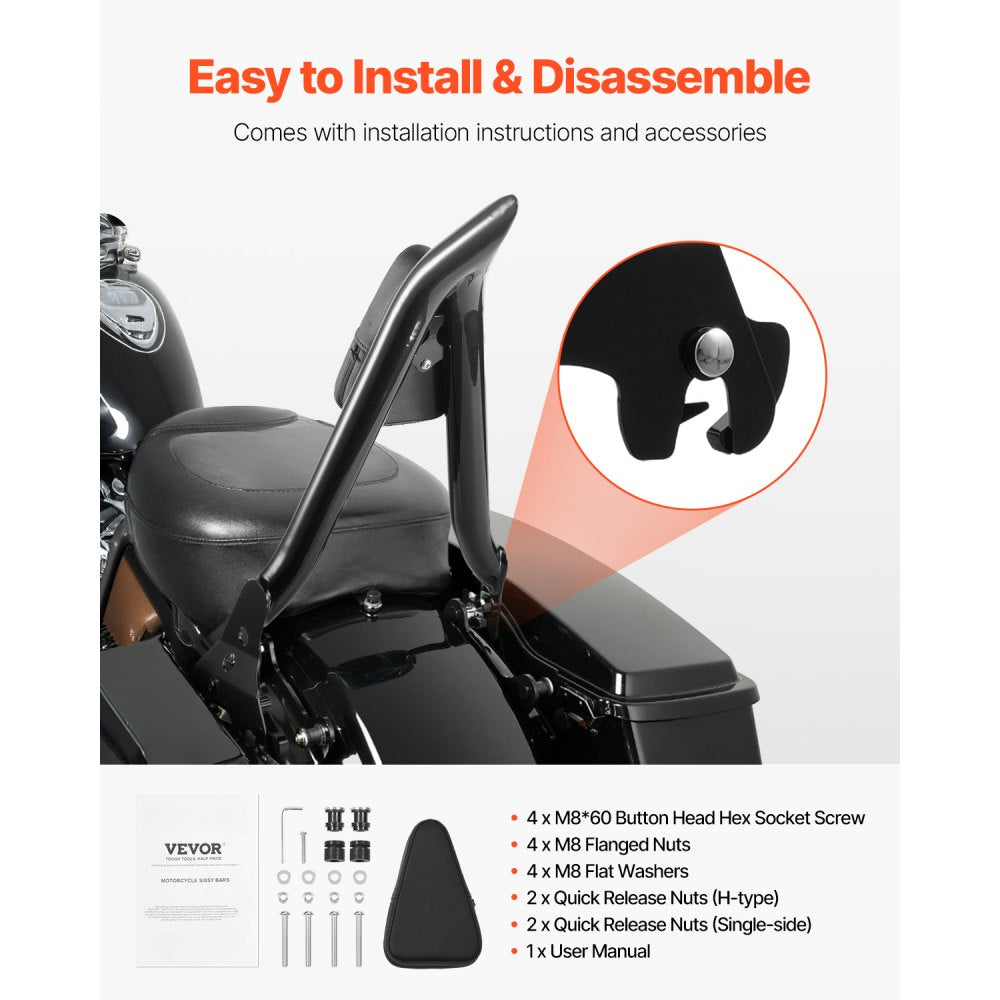 Motorcycle Backrest Sissy Bar, Compatible with Harley-Davidson Touring Models, 27-Inch Height Quick Release Detachable Passenger Backrest, Durable Metal Frame with Leather Rear Pad, Black