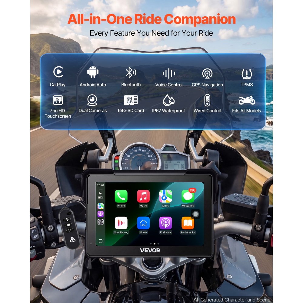VEVOR 7 Inch Wireless Motorcycle Carplay with Apple Carplay & Android Auto, HD Touchscreen GPS Navigation System with Dual Cameras & Bluetooth, TPMS, Voice Control, 64GB Card - Fits All Motorcycles