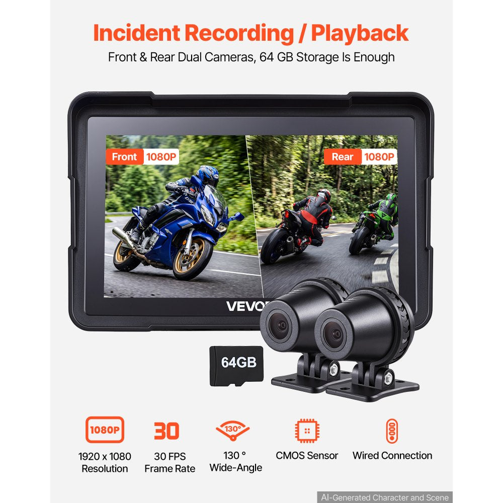 VEVOR 7 Inch Wireless Motorcycle Carplay with Apple Carplay & Android Auto, HD Touchscreen GPS Navigation System with Dual Cameras & Bluetooth, TPMS, Voice Control, 64GB Card - Fits All Motorcycles